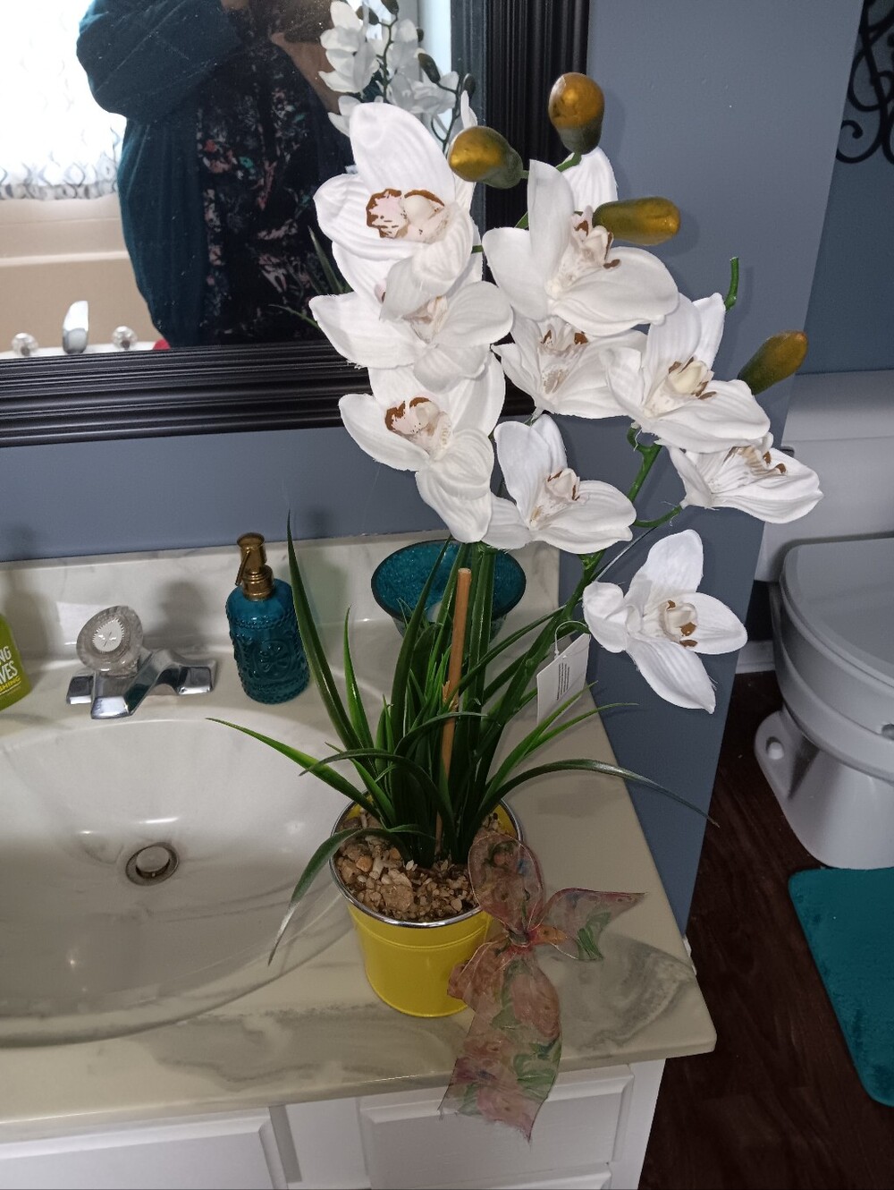 White Orchid Arrangement in Yellow Planter